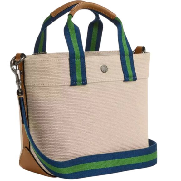 Coach 1941 Canvas Tote Bag Khaki Tan with Green Navy Strap Logo Patch Crossbody - Picture 2 of 4